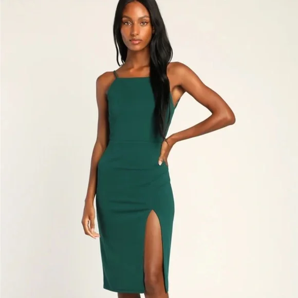 green emerald velvet dress Forrest Green Ribbed Knit Spaghetti Straps Scoop Back Midi Dress main image 1